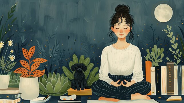 Managing Anxiety: Design an illustration that depicts various ways to manage anxiety. Include elements like meditation, breathing exercises, and support groups. Ensure the visual message is