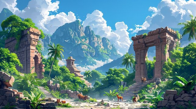 Tropical Jungle Adventure: Illustrate an adventurous scene in a lush tropical jungle with explorers, exotic animals, and ancient ruins. Use vibrant colors and dynamic composition to convey the sense