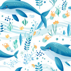Naklejka premium Cute Seamless Pattern with One Dolphin and Sea Waves