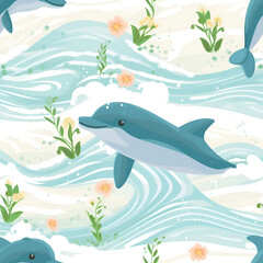 Obraz premium Cute Seamless Pattern with One Dolphin and Sea Waves
