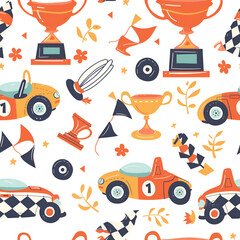 Cute Seamless Pattern with Race Car and Checkered Flag