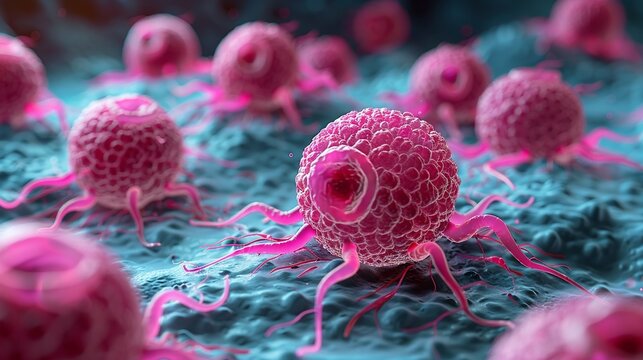 Illustration of NK cells attacking cancer cells, representing breakthrough research in immunotherapy. Illustration, Minimalism,