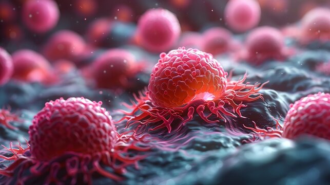 Illustration of NK cells attacking cancer cells, representing breakthrough research in immunotherapy. Illustration, Minimalism,