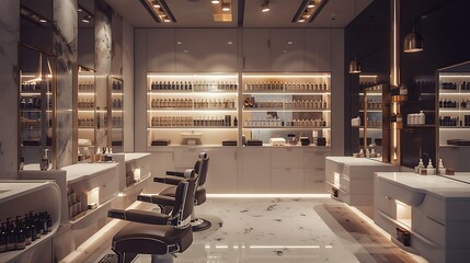 Fototapeta premium off-white luxury grooming studio for men, offering barber services, facials, and grooming products in a sophisticated, masculine environment