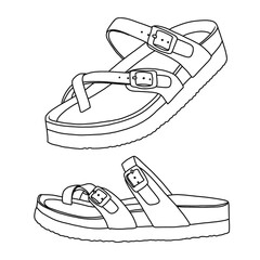 Women's Suede Sandals Comfortable Support Summer Slides Line art, Technical sketch drawing outline vector doodle illustration 3D and side view, isolated on white background