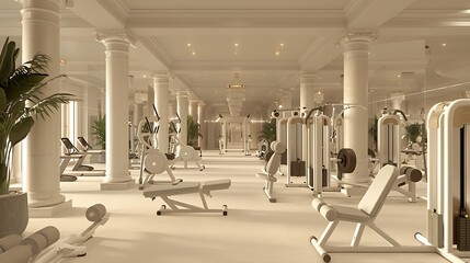 off-white luxury gym with state-of-the-art fitness equipment, personal training, and wellness programs, designed to offer a premium workout experience