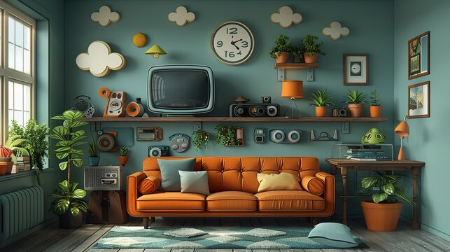 Nostalgic papercut artwork depicting a slackerâ€™s day filled with retro items, quirky inventions, and fun funk-inspired details that create a cozy and whimsical atmosphere. Illustration, Minimalism,