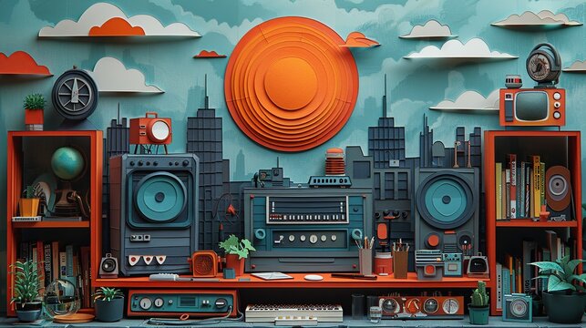 Nostalgic papercut artwork depicting a slackerâ€™s day filled with retro items, quirky inventions, and fun funk-inspired details that create a cozy and whimsical atmosphere. Illustration, Minimalism,
