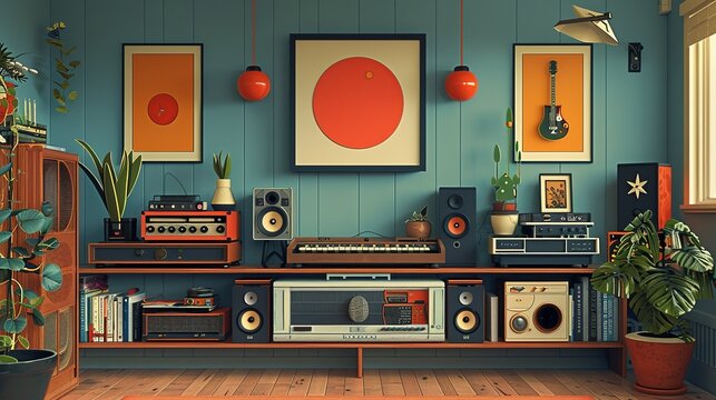 Nostalgic papercut artwork depicting a slackerâ€™s day filled with retro items, quirky inventions, and fun funk-inspired details that create a cozy and whimsical atmosphere. Illustration, Minimalism,