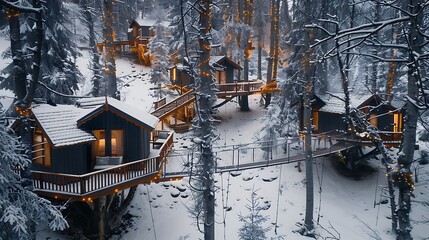 winter forest retreat with small heated treehouses connected by suspended bridges, offering guests a cozy place to stay and enjoy the serene beauty of a snow-covered forest