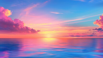 Fototapeta premium Beautiful sunset over the serene ocean with vibrant pink, orange, and purple hues in the sky reflecting on the calm water's surface.