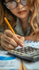 Fototapeta premium closeup Business and finance concept, Business woman using calculator to calculate business data at office 