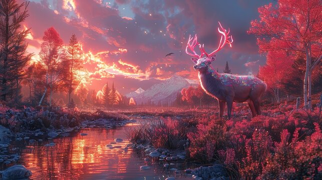 Witness the beauty of a holographic autumn where endangered species coexist peacefully in a futuristic sanctuary, their liquid metallic essence shimmering under a chromatic sky. Illustration,