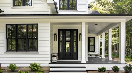 bold black door on a modern farmhouse with white siding and black windows, surrounded by a wrap-around porch