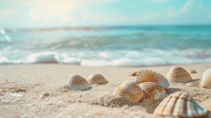 Obraz premium Serene Sandy Beach with Seashells by the Sea - Perfect for a Relaxing Getaway with Plenty of Copy Space
