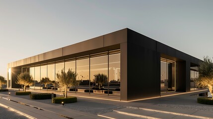 contemporary dance studio with a jet-black facade, large mirrors, and minimalist landscaping under a clear sky