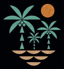 Coconut trees silhouette illustration in tropical landscape. Art in geometric style.