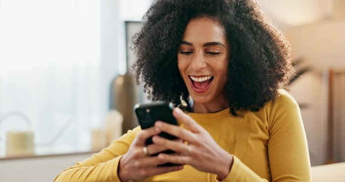 Black woman, smartphone and online in home with celebration for good news, personal milestone and social media recognition. Girl, internet and happy for success, achievement and platform reputation.