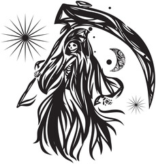 死神と月と太陽のおしゃれな切り絵風シルエット線画・トライバルアート