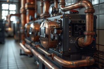 Obraz premium Industrial Copper Piping and Machine in a Factory Setting