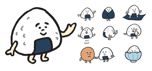 美味しく握られた三角のかわいいおむすびのキャライラスト