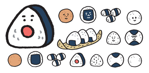 美味しく握られた三角のかわいいおむすびのキャライラスト