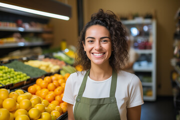 uhappy brunette woman woman selling in a grocery store, demonstrating informed consumer. Brazilian woman.