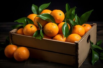 Tangerines with leaves in a wooden box