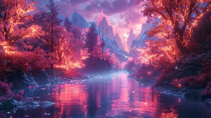 Fototapeta premium Journey through a dreamscape where endangered species coexist in a surrealistic neon-lit jungle, their liquid metallic forms shimmering under the magical allure of autumn. Illustration, Minimalism,