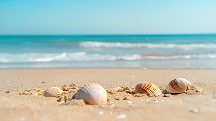Seashell-Strewn Sandy Beach by the Sea - Perfect for a Relaxing Vacation with Ample Copy Space