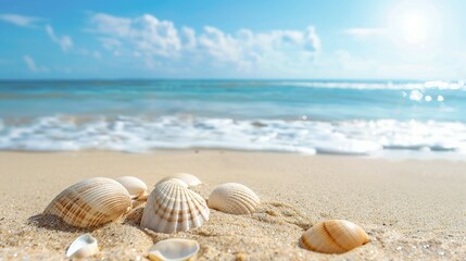 Seashell-Strewn Sandy Beach by the Sea - Perfect for a Relaxing Vacation with Ample Copy Space