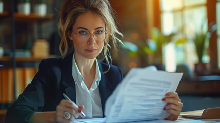 A beautiful businesswoman studying a financial report