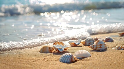 Serene Sandy Beach with Seashells by the Sea - Perfect for a Relaxing Getaway with Plenty of Copy Space