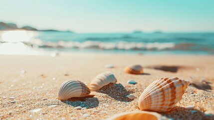 Obraz premium Scenic Sandy Beach with Seashells - Ideal for a Relaxing Seaside Vacation with Ample Copy Space