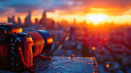 A camera is pointed at the sun, capturing a beautiful sunset.