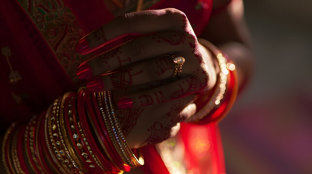 Indian bride wearing wedding traditional red bangles choora and getting ready for her wedding ceremony in Delhi India : Generative AI