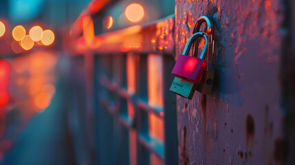 Wedding lock in soft focus as a symbol of love tenderness romance eternity and endless love for lovers Padlocks are attached to the bridge railing to celebrate the wedding love locks : Generative AI