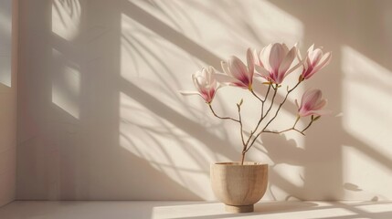 Flower stand with light wood and minimalist Scandinavian design featuring white lilies isolated on a solid bright room