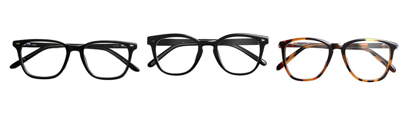 Eyeglasses in Black, Tortoiseshell, and Clear Frames. Isolated on a Transparent Background. Cutout PNG.