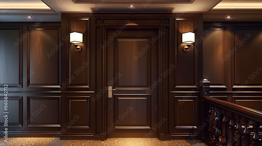 Wall mural door in dark walnut with a polished finish, flanked by custom carved wooden panels and illuminated by warm, subtle lighting from above