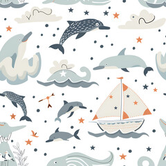 Cute Sailboat and Dolphins Pattern