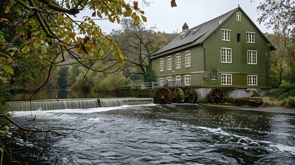 historic mill with a deep olive green facade, situated beside a flowing river with water wheels turning slowly