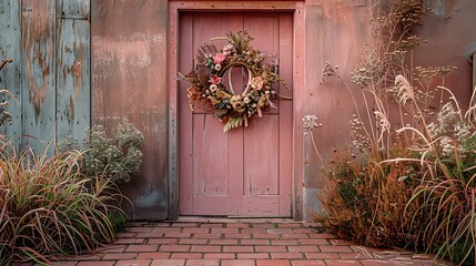 door in dusty rose, featuring Bohemian chic designs and a handmade wreath of dried flowers, with a brick pathway leading to it