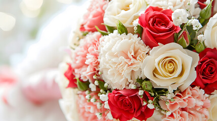 Wedding bridal bouquet of roses and carnations Selective focus Wedding concept holiday : Generative AI