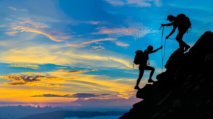 Two Hikers Helping Each Other Climb Mountain Silhouette Sunset Sky Outdoor Adventure Journey