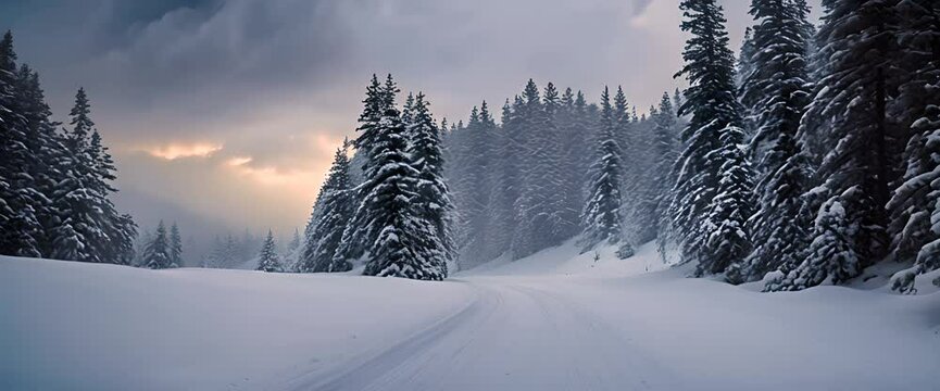 A winding forest road in the snow with heavy snowfall, flanked by tall, ancient pine trees dusted in white. The sky is a soft gray, and snowflakes twinkle like tiny stars 1