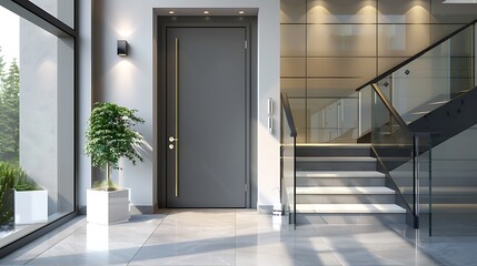 door painted in a deep, matte grey, surrounded by a contemporary entry with large format tiles and sleek, glass railings