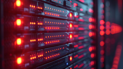 Naklejka premium Close-up of server racks with red LED lights in a dark data center
