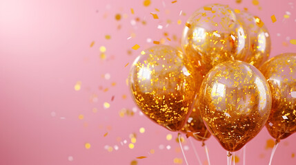 Banner with gold colored air balloons with confetti inside on a pink background Selective focus : Generative AI