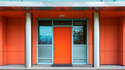 door painted in a vibrant shade of tangerine, framed by a modern portico with a brushed aluminum overhang and asymmetrical pillars